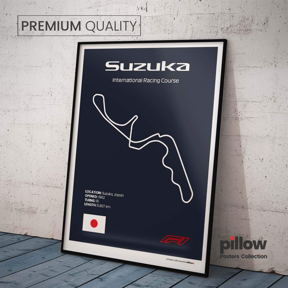 Plagát Suzuka – Ikonický pretekársky okruh Formuly 1 v Japonsku, dostupný s tmavomodrým pozadím pre štýlový interiér.