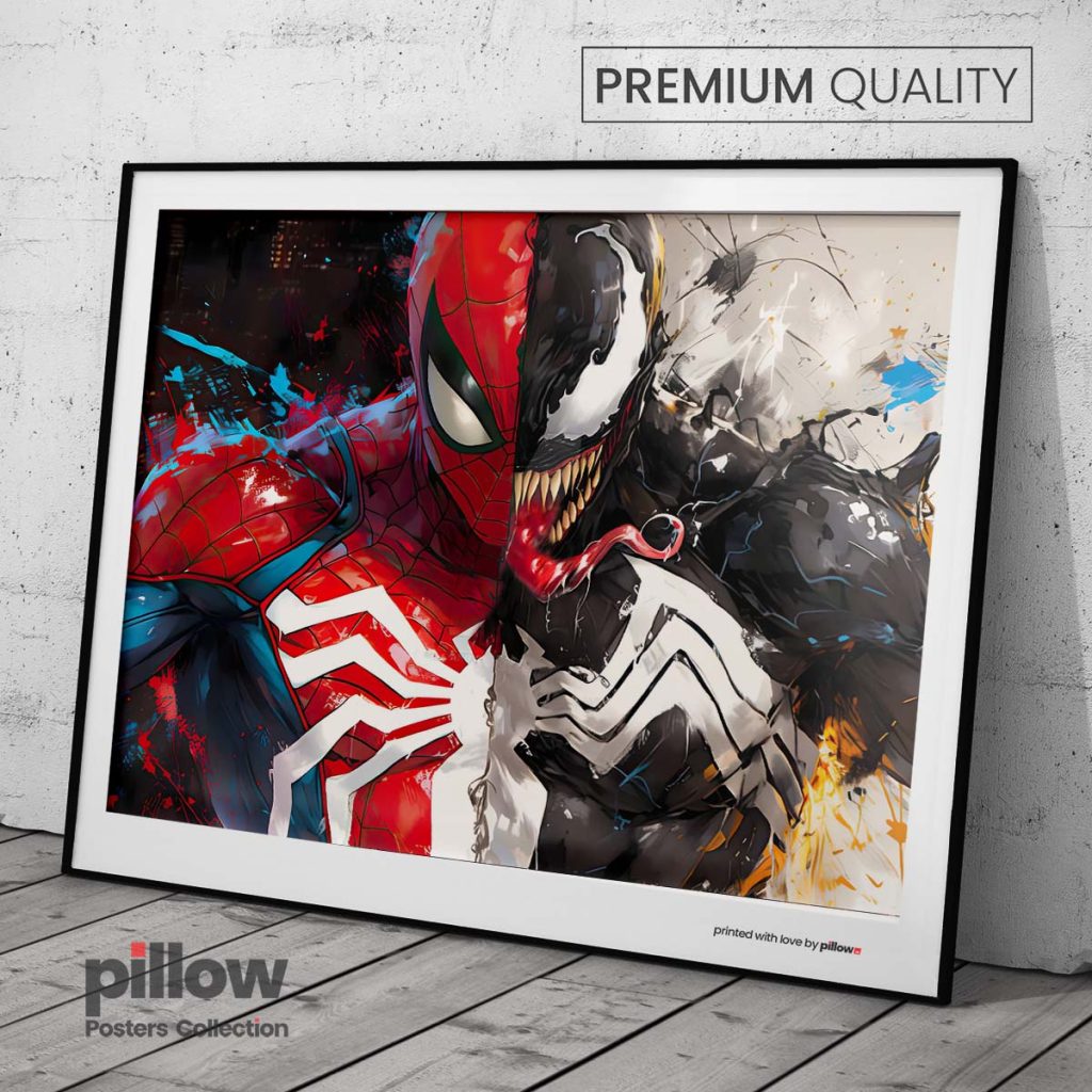 Plagát s motívom Spider-Man a Venom, inšpirovaný filmovými scénami Marvel universa.