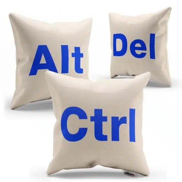 Súprava vankúšikov CTRL ALT DEL s tmavo modrým nápisom ušitá z kvalitnej bavlny