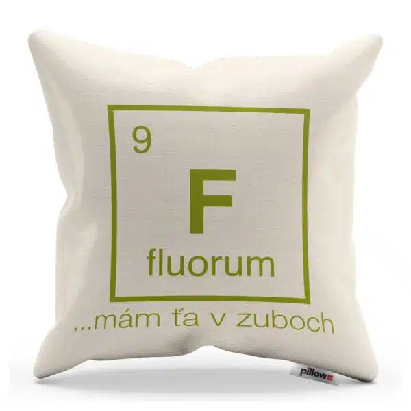 Vankúš chemického prvku fuór v bielej farbe s vtipným nápisom
