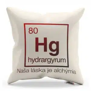 Vankúš s chemickým prvkom Ortuť a mystickým nápisom
