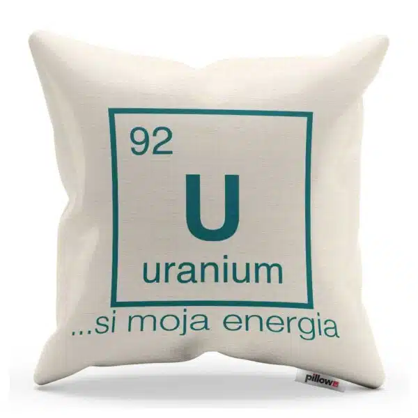 Vankúš s vtipným nápisom a chemickým prvkom Urán