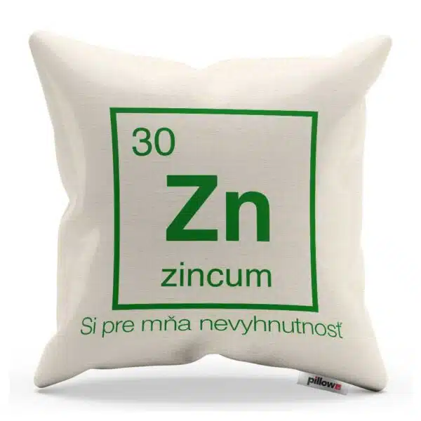 Vankúšik s chemickým prvkom Zinku a veľavravným nápisom
