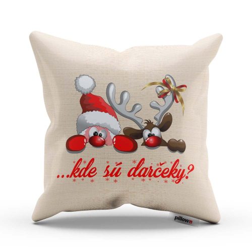 Biely vankúš s vtipným vianočným nápisom „kde sú darčeky?“