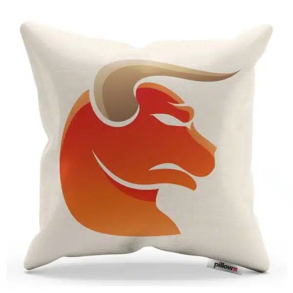 Biely bavlnený vankúš s oranžovým obrázkom znamenia zverokruhu býk
