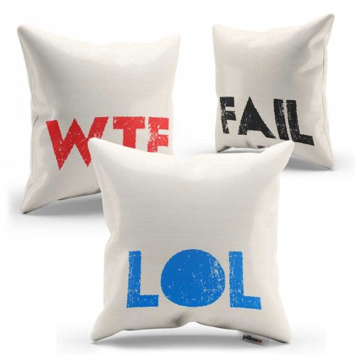 Sada vankúšov s vtipnými nápismi WTF FAIL LOL za zvýhodnenú cenu v rôznych farebách